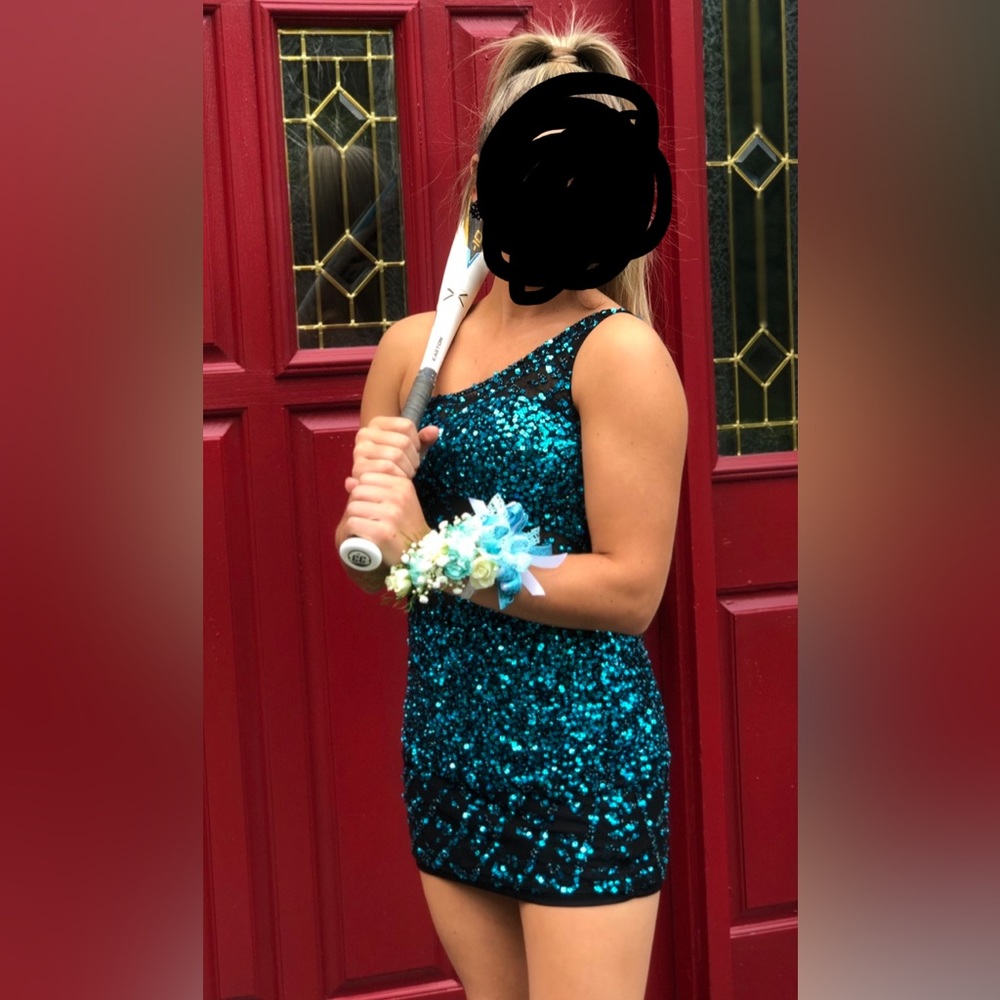 One Shoulder Teal Sequin Dress